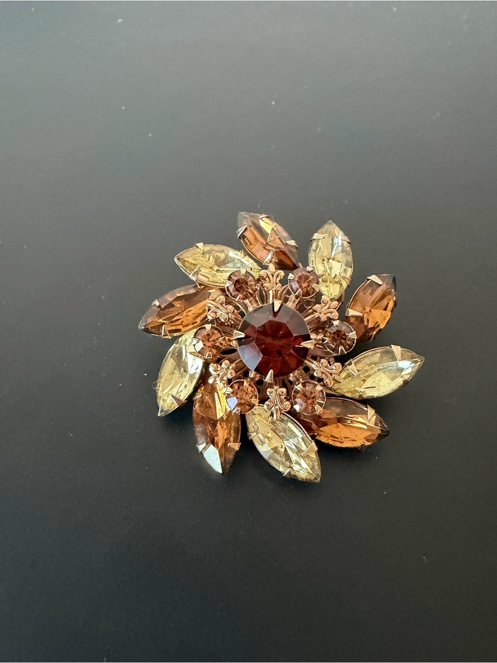 Vintage Amber and Yellow Rhinestone Brooch